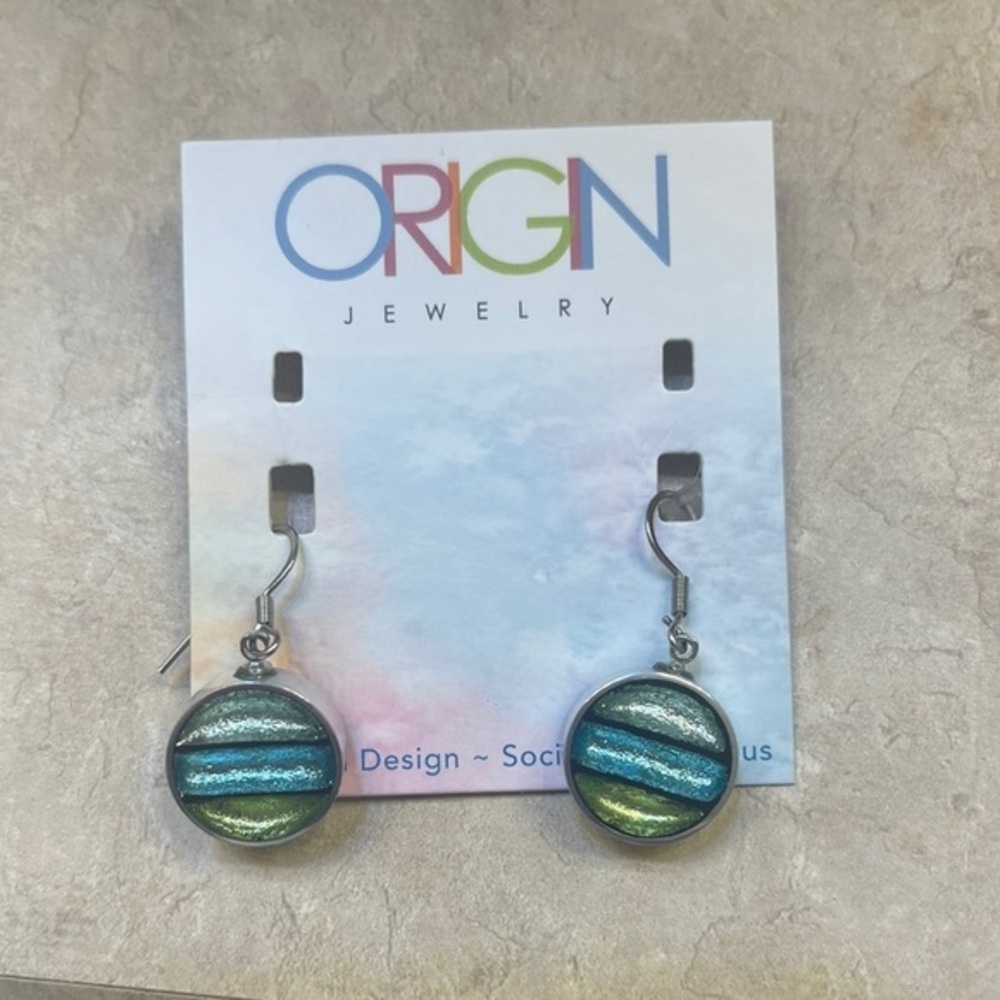 NWT Origin Colored glass earrings circular blue silver gold earrings